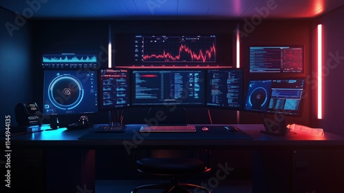 Futuristic hacker's den with multiple glowing monitors displaying data