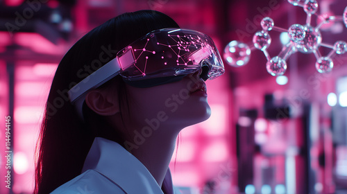 A scientist wearing augmented reality glasses in a laboratory, observing the chemical structure of a beauty product projected in 3D, with glowing molecules and lab equipment surrou photo