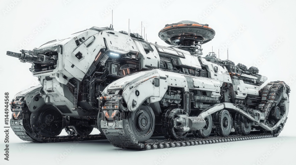 A massive industrial robot with tank-like tracks and a rotating turret, designed for heavy lifting, white background. A massive industrial robot with tank-like tracks and a rotating turret, designed for heavy lifting, white background.