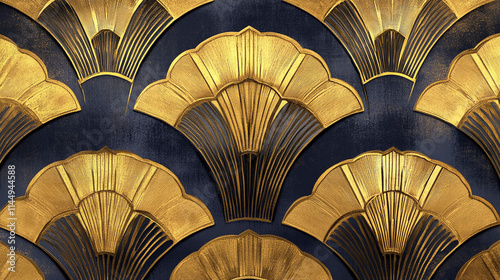 Art Deco Wallpaper with Golden Fans with Navy Accents