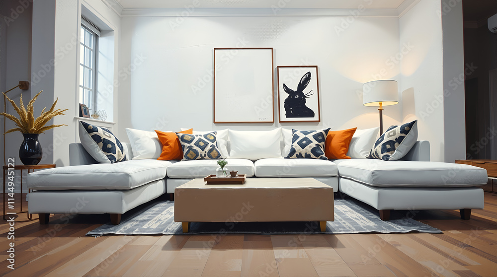 Fototapeta premium light-colored sectional sofa with orange and patterned throw pillows, a coffee table, and framed art pieces
