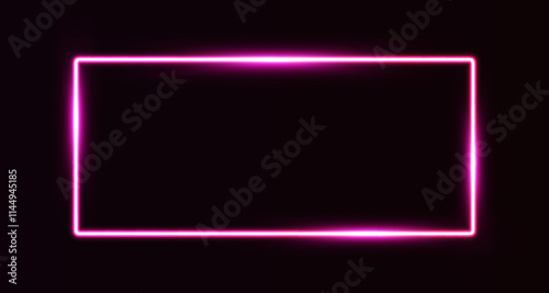 Realistic pink neon rectangle frame on dark background. Fashion retro frame with glow effect. Illuminated geometric shape. Electric light horizontal neon lamp. Vector illustration