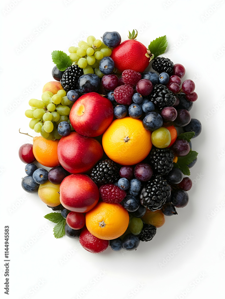 Colorful mixed fruit arrangement on white background, overhead shot, healthy food concept, perfect for recipe blogs or packaging. Colorful mixed fruit arrangement on white background, overhead shot, healthy food concept, perfect for recipe blogs or packaging.