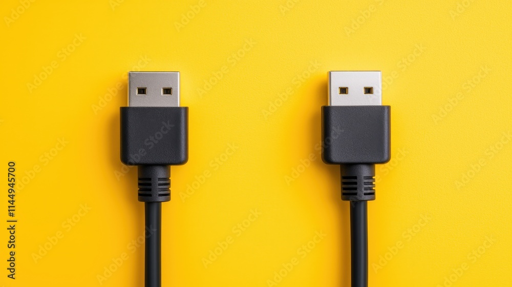 Ethernet network and efficiency concept, Two black USB cables on a bright yellow background, showcasing their connectors and emphasizing modern technology. Ethernet network and efficiency concept, Two black USB cables on a bright yellow background, showcasing their connectors and emphasizing modern technology.