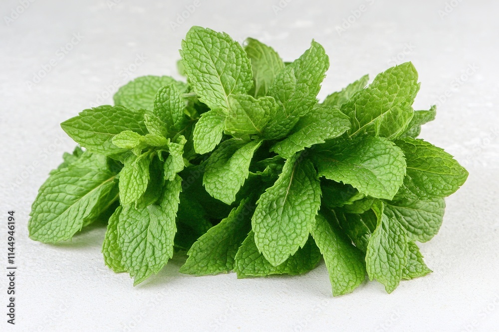 bundle of fresh mint leaves placed on white surface with enough space on left for text bundle of fresh mint leaves placed on white surface with enough space on left for text