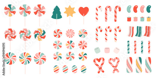 Christmas sweets and candies collection. Lollipops, marshmallows, candy canes, jelly beans. Vector illustration in flat style
