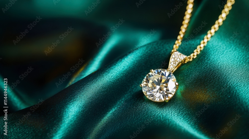Fototapeta premium Elegant Gold Pendant Necklace with Sparkling Diamond on Silk