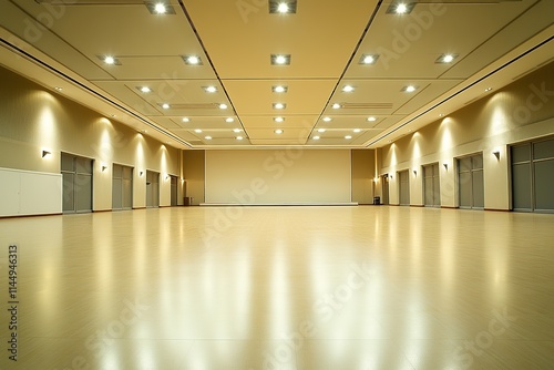 stock photo of empty cultural event hall featuring copy space for branding or event details