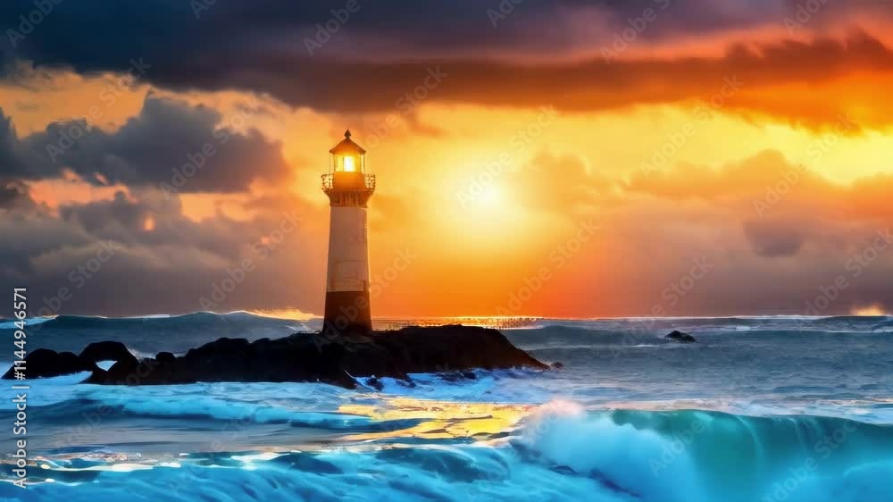 A lighthouse stands firm against crashing waves under a dramatic sunset sky. Perfect for travel, nature, and resilience themes.. AI Generation