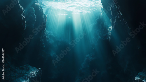 Deep (adj) – A deep ocean trench with sunlight filtering from above, 8K, hyper-realistic. -