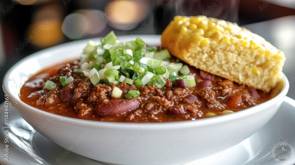 Hearty Bowl of Chili with Cornbread and Green Onion Garnish Hearty Bowl of Chili with Cornbread and Green Onion Garnish