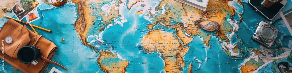 Traveling through memories with photos on a world map as a backdrop showcasing adventures and journeys across the globe. Generative AI Traveling through memories with photos on a world map as a backdrop showcasing adventures and journeys across the globe. Generative AI