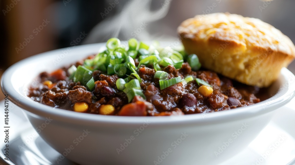 Hearty Bowl of Chili with Fresh Green Onions and Cornbread Hearty Bowl of Chili with Fresh Green Onions and Cornbread