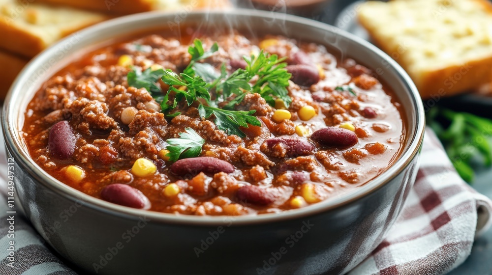 Delicious Homemade Chili in Bowl with Fresh Herbs and Ingredients Delicious Homemade Chili in Bowl with Fresh Herbs and Ingredients