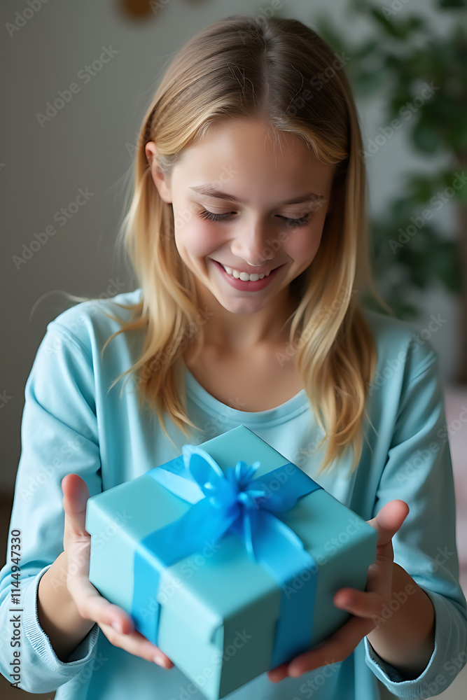 Young females can create a vibrant celebration atmosphere by wrapping colorful gifts in small boxes with various blue hues._00001_ Young females can create a vibrant celebration atmosphere by wrapping colorful gifts in small boxes with various blue hues._00001_