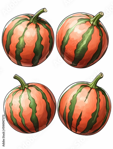 Four digital illustrations of striped orange pumpkins, isolated on white background, for autumn harvest designs. photo