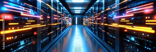 Advanced Computer System Infrastructure - High-tech data center, digital network, server room, data flow, technological innovation. Symbolizes speed, power, connectivity.