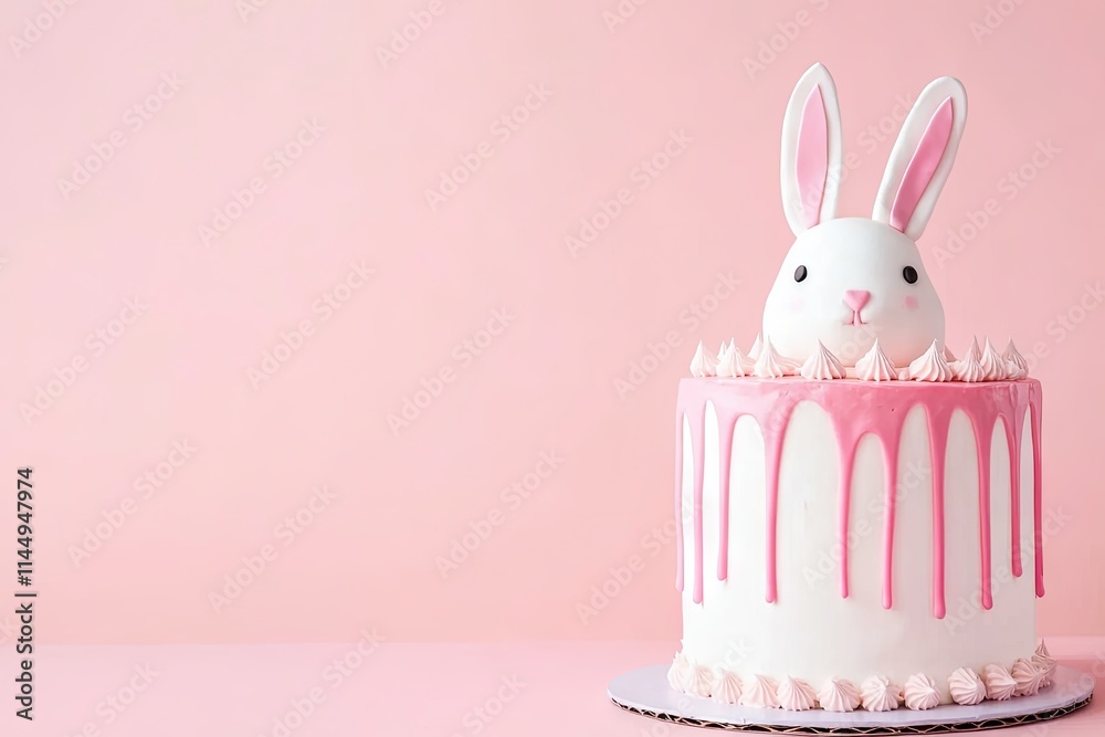 Easter bunny celebration cake isolated on a pink background with copy space. Traditional symbol of Easter sweet bread with meringue and chocolate eggs. Easter bunny celebration cake isolated on a pink background with copy space. Traditional symbol of Easter sweet bread with meringue and chocolate eggs.