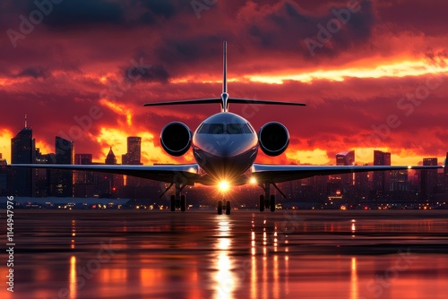 Airplane Front View at Sunset Cityscape - A private jet on a runway at sunset, symbolizing travel, luxury, success, freedom, and adventure. The fiery sky adds drama and excitement.