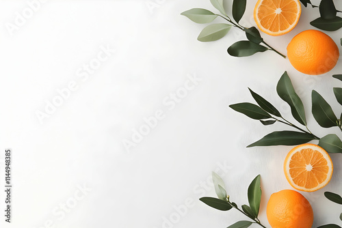 Fresh oranges, leaves border, white background, food blog, recipe. photo