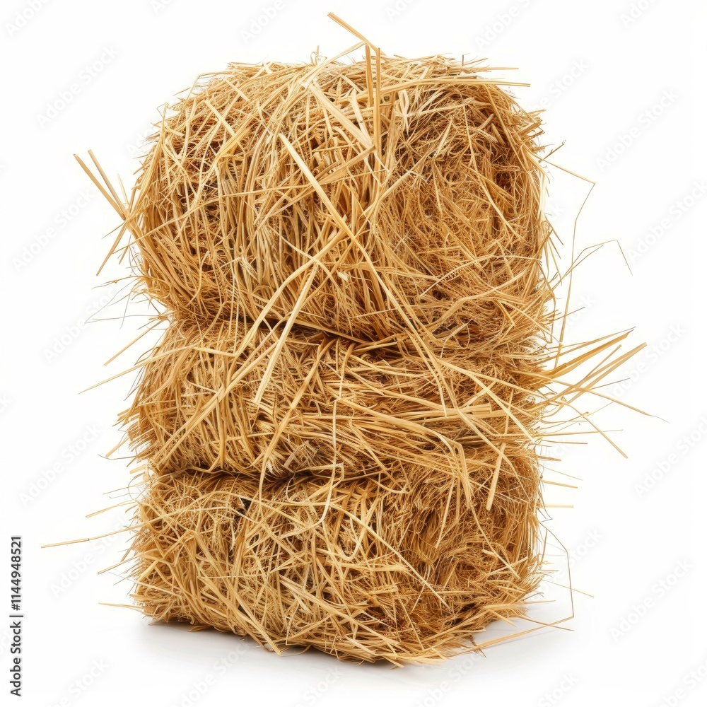 Three rectangular hay bales stacked on top of each other, providing ample feed for livestock Three rectangular hay bales stacked on top of each other, providing ample feed for livestock