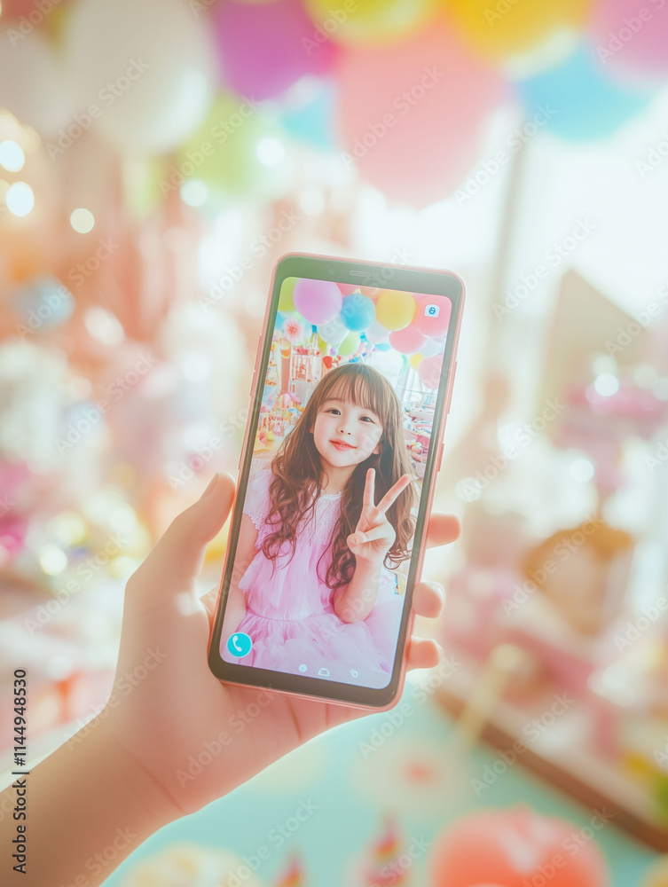 Naklejka premium 誕生日会、スマホを持つ手