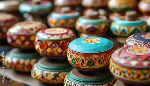 Close-up of traditional purim dreidels with copy space photo