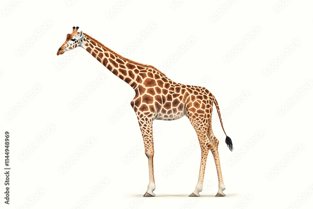 Naklejka premium Giraffe standing, isolated white background, safari animal, wildlife image, zoo animal, design element.