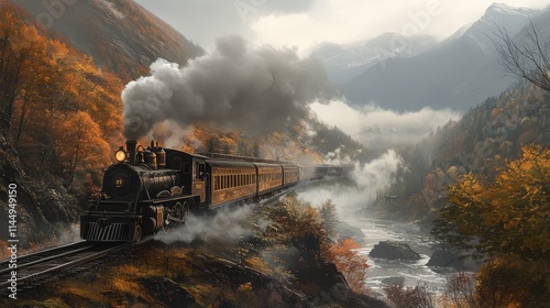 A train is traveling down a track with smoke coming out of the engine. The train is surrounded by trees and mountains photo