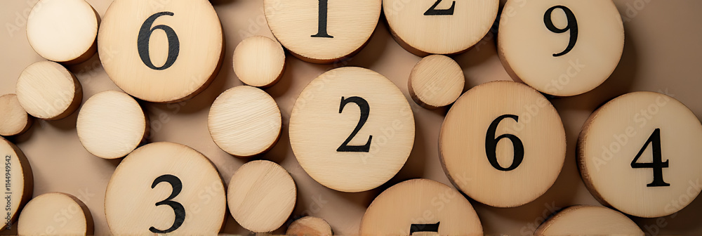 Wooden circles in various sizes feature abstract concepts of numbers as a unique visual representation._00001_ Wooden circles in various sizes feature abstract concepts of numbers as a unique visual representation._00001_