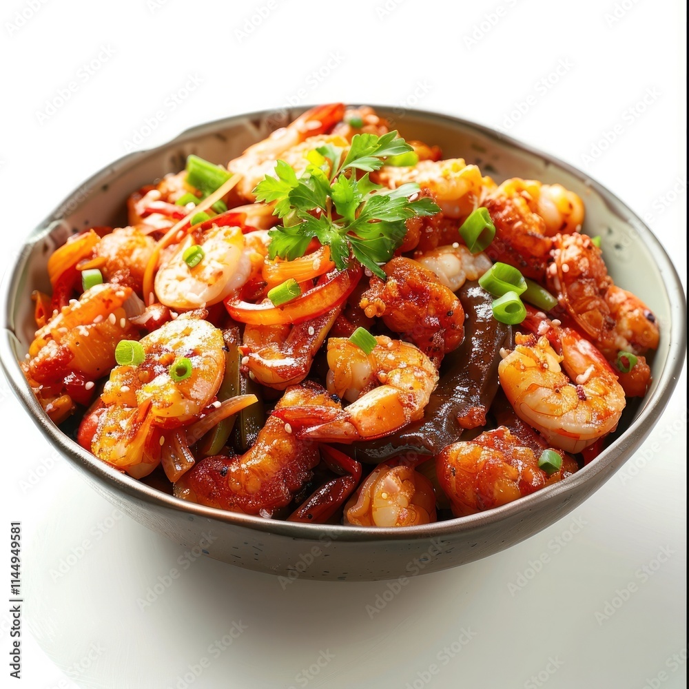 Aromatic and flavorful shrimp and vegetable stir fry served in a vibrant colorful bowl placed on a wooden table showcasing the textures and vibrant colors of the fresh Aromatic and flavorful shrimp and vegetable stir fry served in a vibrant colorful bowl placed on a wooden table showcasing the textures and vibrant colors of the fresh