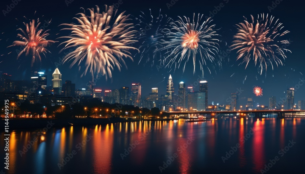 Fototapeta premium Vibrant fireworks display over cityscape at night