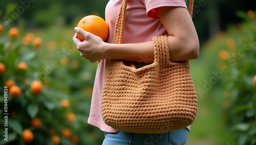 Woman carries a fresh orange from her garden in a handmade crochet bag on her arm._00002_