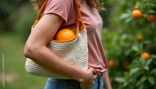 Woman carries a fresh orange from her garden in a handmade crochet bag on her arm._00001_