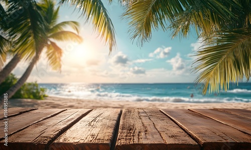 Wooden Table with Palm Leaves Overlooking a Joyful Summer Beach Party