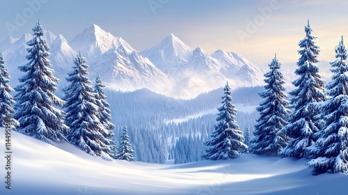 Majestic snow-capped mountains and snow covered pine trees on a winter landscape.