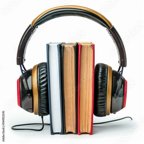 Modern headphones holding together a stack of three books on a white background, conceptual of audiobooks photo