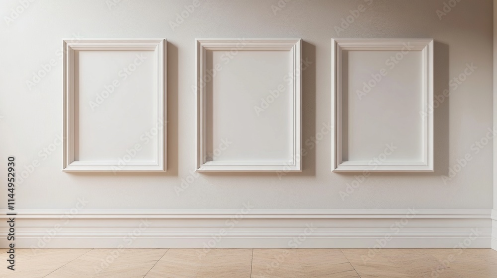A minimalist wall with three empty frames, inviting artwork or decoration. A minimalist wall with three empty frames, inviting artwork or decoration.