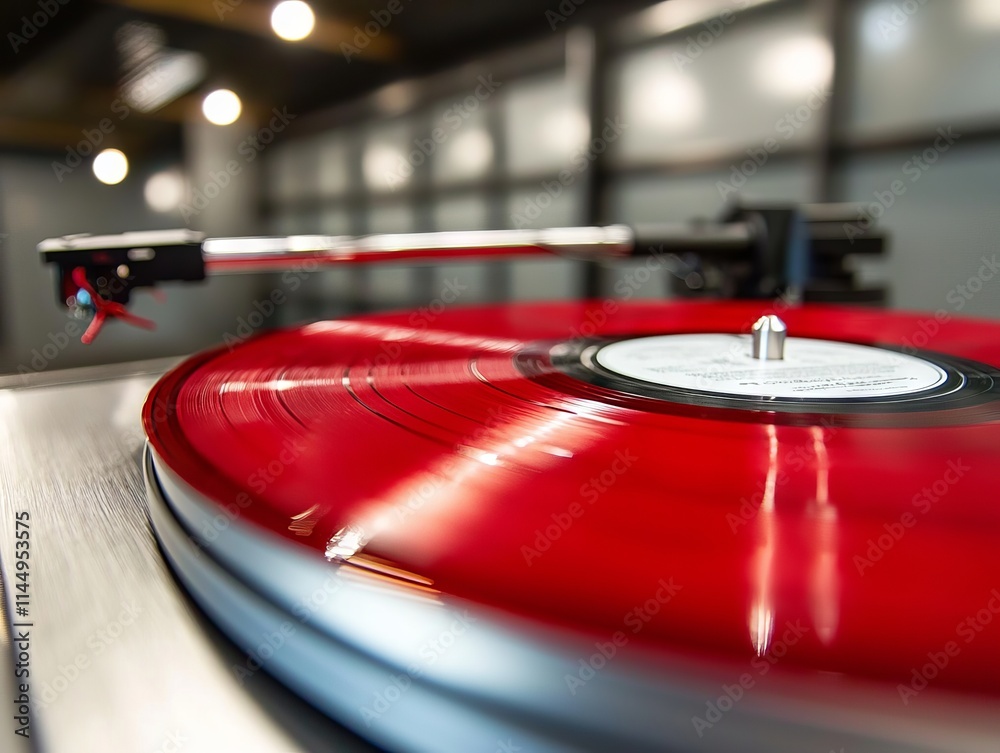 Obraz premium A close-up of a red vinyl record spinning on a turntable.