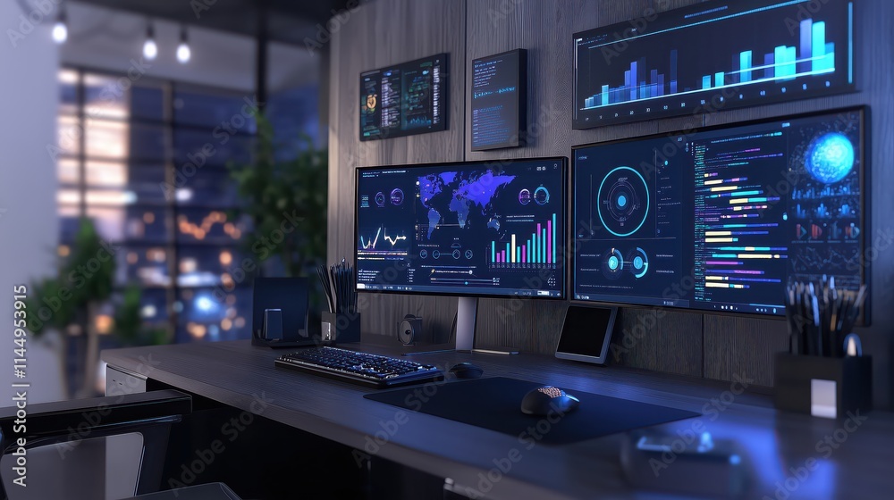 Modern data analytics workstation with multiple displays showing visualizations Modern data analytics workstation with multiple displays showing visualizations