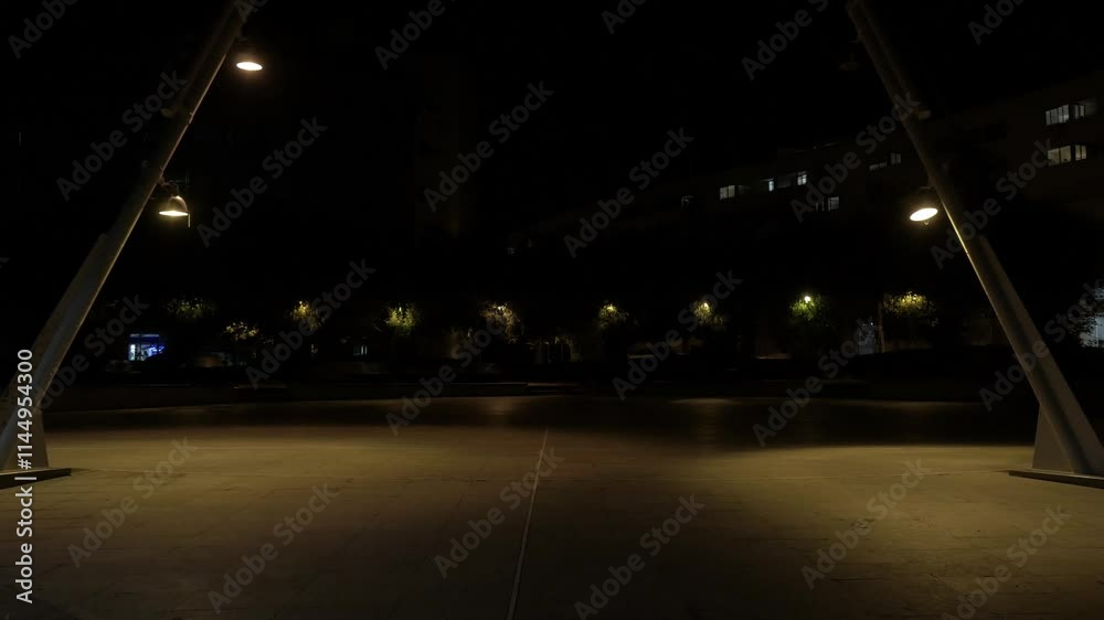 Plaça Ricard concrete square in Terrassa, Catalonia at night