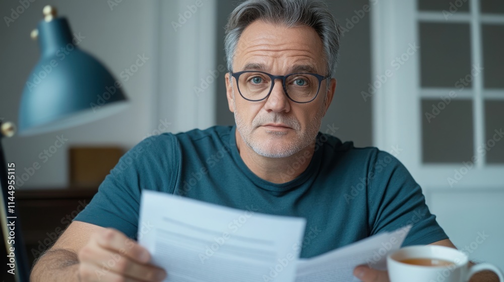 A middle-aged man in glasses reviewing a printed report at his desk, with a cup of tea A middle-aged man in glasses reviewing a printed report at his desk, with a cup of tea