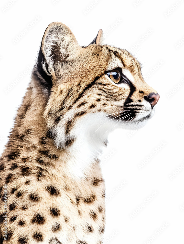 Profile of Serval Cat, isolated on white background, for wildlife, nature, and pet print designs. Profile of Serval Cat, isolated on white background, for wildlife, nature, and pet print designs.