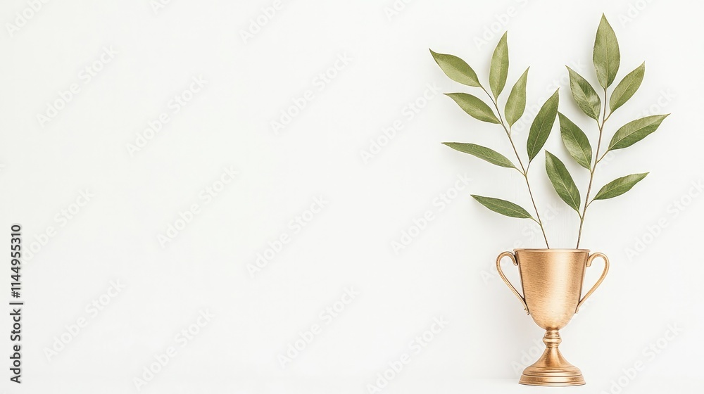 Fototapeta premium Golden trophy cup holding green leafy branches on a minimalist white background with copy space.