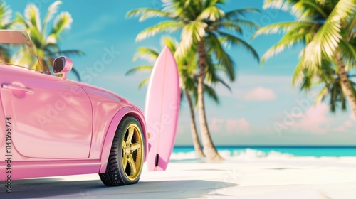 A pink car with a surfboard stands in front of it on the beach
