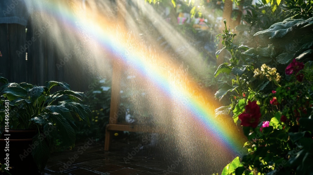 Beautiful Rainbow in Garden with Sunlight and Flowers Beautiful Rainbow in Garden with Sunlight and Flowers