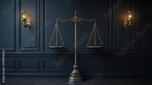 Ornate scales of justice in elegant dark room.