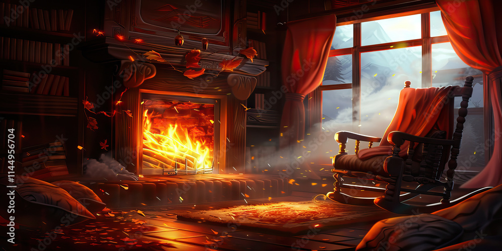 Autumnal Room with Fireplace and Rocking Chair Autumnal Room with Fireplace and Rocking Chair