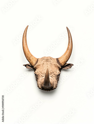 Rhinoceros skull, mounted, white background, studio shot, wildlife decor.
