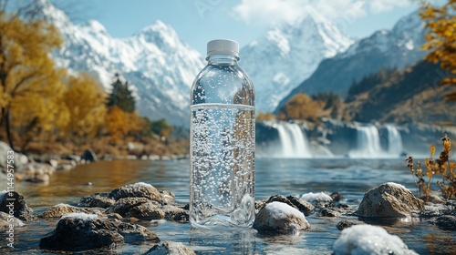 Sparkling mineral water bottle in pristine mountain river landscape photo